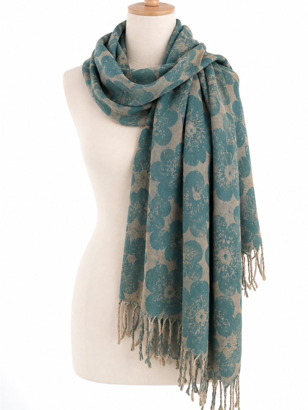 100% Cashmere Teal Blue Floral Fall Winter Wrap Scarf Fringe Lightweight